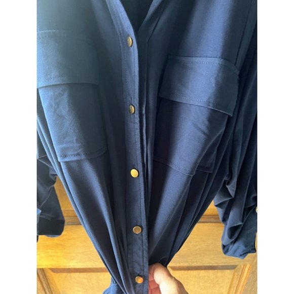 Beme Navy Utility Shirt XXXL Blouse Tab Sleeves & Tie - Picture 6 of 11